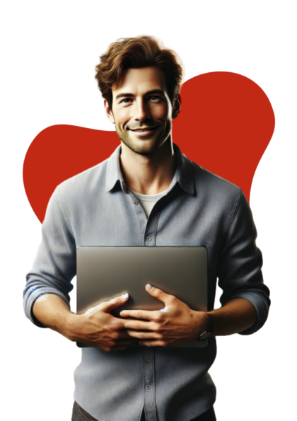 uomo con PC che risponde alle domande